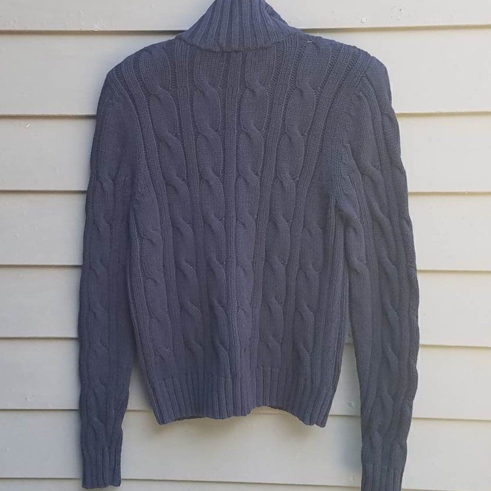 Chaps Navy Chunky Cable Knit Cardigan Sweater with White Buttons Size Large - Picture 2 of 9